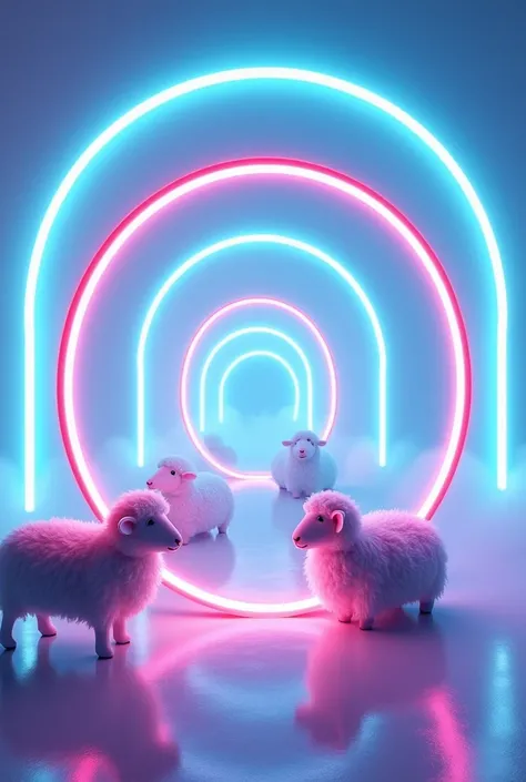 Surreal，Rounded neon picture frames overlap and continue all the way to the back，Gradually getting smaller，Blue and purple、Sparkling、From there comes the mist，light blue wall，Fluffy Sheep，Soft glow