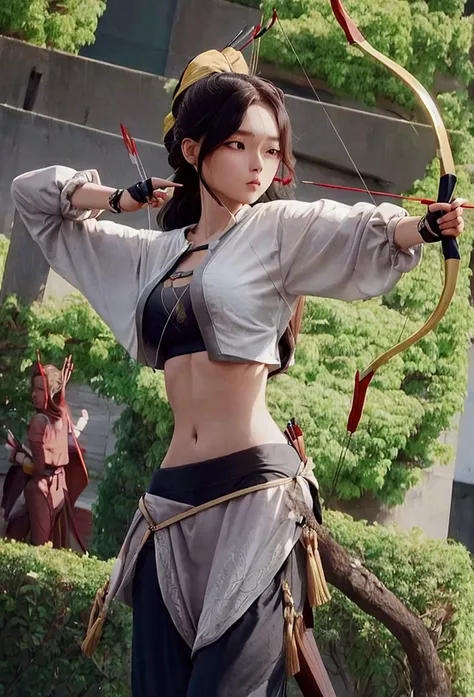 girl in crop top shirt , archery,  (open navel), bow, arrow