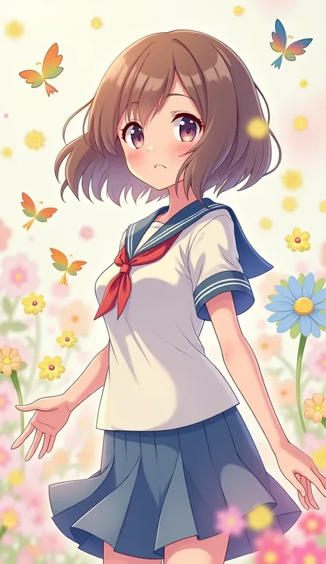 (Artwork), girl in school clothes sexta, exceptional quality, detailed Japanese anime illustration, elegant visuals in soft tones, Pokémon-style drawing, fun, colorful