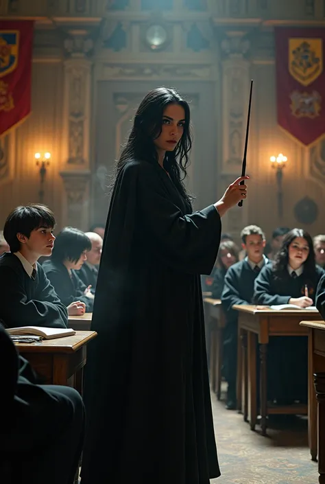 Charms classroom with students in Hogwarts uniform, a black haired witch teacher with wand in hand and a male ghost assistant 