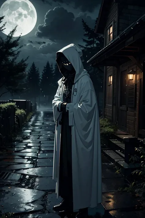 Imagine a dark and rainy night, where the moonlight can barely penetrate the heavy clouds. In front of an old and decaying house, a man dressed in the iconic Ghostface costume stands out in the darkness. The white mask and black cloak create an aura of mys...