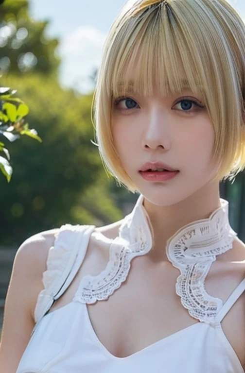 Beautiful and fair、Glowing Skin, 3 Up, nice, bright, Refreshing and gentle look, Perfect beautiful face、Blonde Short Hair，Beautiful shiny bangs, Very beautiful 1 girl, eyeliner, So perfect and beautiful、Big, clear, sky-blue eyes，Very large breasts，The orig...