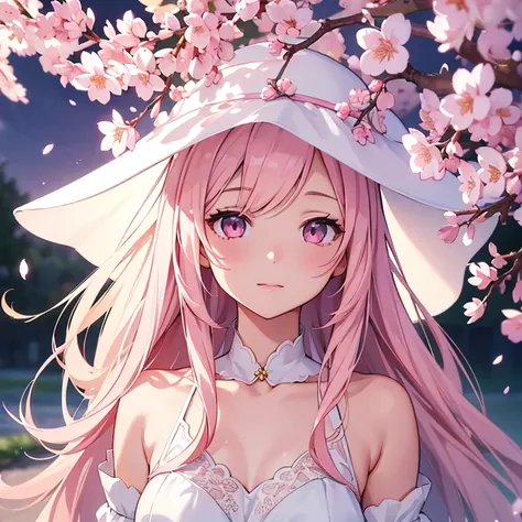 beautiful detailed anime girl, 1girl, elegant white dress, white hat, long golden hair, cherry blossom tree, pink petals, intricate details, realistic, photorealistic, 8K, high resolution, masterpiece, vivid colors, soft lighting, cinematic composition, at...