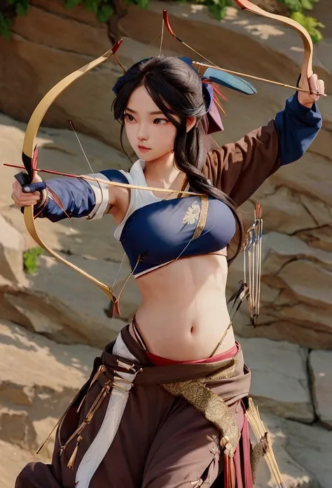 girl in crop top shirt , archery,  (open navel), bow, arrow