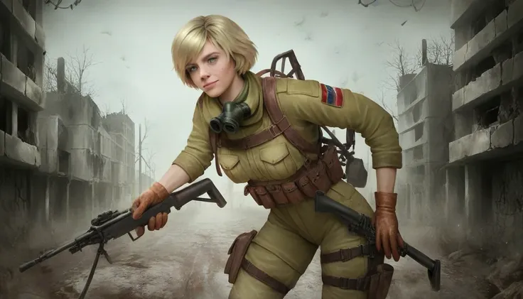 score_9,score_8_up,score_7_up,score_6_up,score_5_up,score_4_up, solo, 1girl, Heather Mason (silent hill 3), blonde hair, short hair, (1 girl:1.5), gloves, gas mask, weapon, rifle, stalker suit, artifact from stalker in her hand, in the street, city ruins, ...