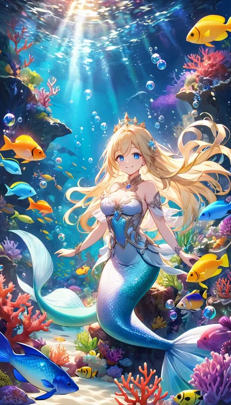 A beautiful mermaid princess swimming happily among colorful tropical fish in the ocean, bubbles floating around, various types of vibrant tropical fish swimming, coral and underwater plants visible, as if standing on the ground underwater, a sense of magi...