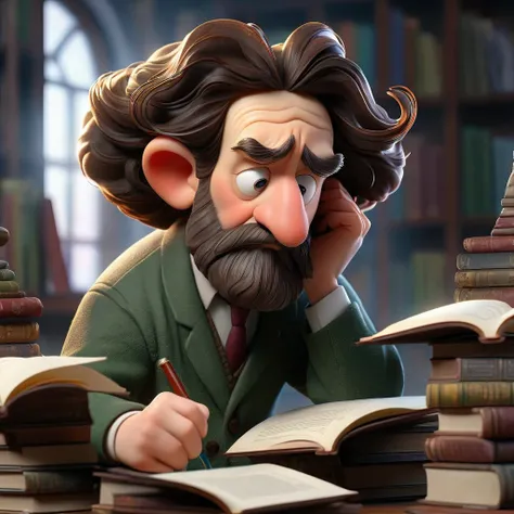 Super detailed, high-resolution, A noble mathematician, countless formulas and equations running through his head, an immeasurable amount of literature on his desk in his laboratory, where he keeps thinking while holding his head, a bookshelf packed with b...