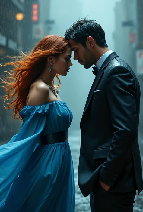 a woman wearing a blue dress with a little wavy dark orange hair and a man wearing a suite and cool dark black hair, fighting in the rain