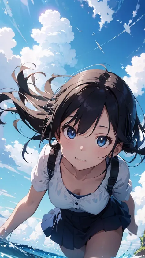 Highest quality, high resolution, 8k,masterpiece, Blue sky,Looking up from below,Makoto Shinkai style