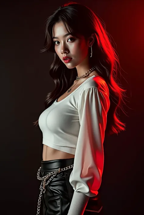 Female kpop idol with siren facial features, soft red lighting, black background, full body picture, black leather skirt, chain belts and white long sleeve top with other accessories.