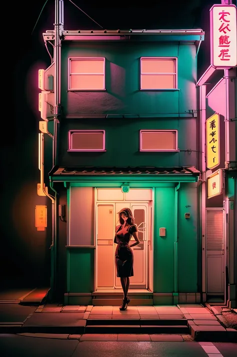 Beauty,Japanese,night,Tokyo,Streetscape,pastel colour,neon,Realistic Lighting,High Contrast,(various poses:1.4),neon_outlines