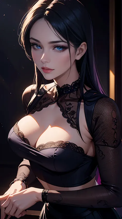 a beautiful elegant young woman wearing a violet long sleeved crop top with a sweet heart neckline, a blue choker, and a black skirt, detailed facial features, detailed clothing, beautiful detailed eyes, beautiful detailed lips, extremely detailed face, lo...