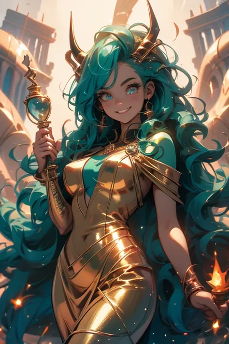 Perfect face. Perfect hands. A teal haired woman with golden eyes and an hourglass figure with golden horns in a golden gown is smiling while playing with golden fire in a landscape of brimstone