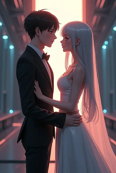 Sanakan and Cibo from Blame! Manga in a wedding dress), (sci-fi theme) Eyes staring at each other, suit black hair, dress striking silver hair, Futuristic atmosphere of the outfit A soft but bright light shines from above. Intimate and romantic atmosphere ...