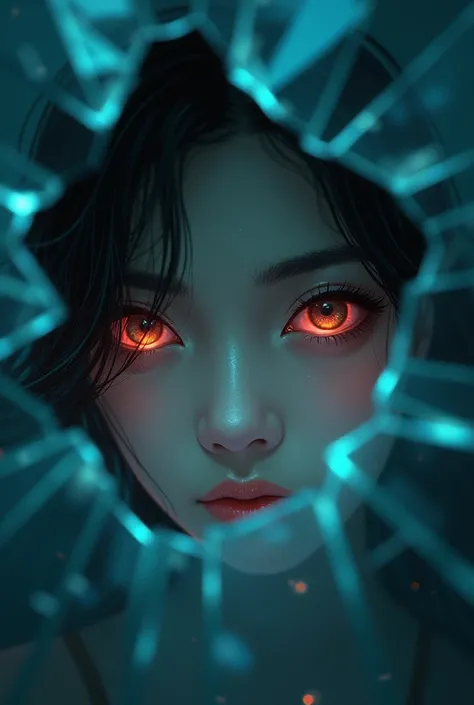 Create a cover for a book, showing fragmented glass, In the darkness, some fuzzy blue Asian female eyes stand out, that shine in the darkness of broken glass