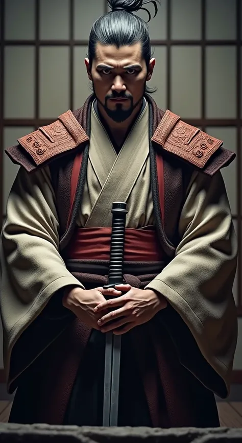 Close-up shot, Low angle shot, (The Samurai is captured in the moment before performing seppuku, his hands steady as he grips the short sword. His expression is focused, reflecting the gravity of the act he is about to commit. The scene is set in a dimly l...