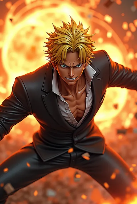 one piece、Sanji、Diable Jump、Poitraine Power Shot、Realistic、Realistic pictures、Real、delicate、reality、Yellow Hair、One eye is hidden、Black Suit、3D Rendering, movie, Movie shooting, Super detailed, Super detailedな, Realism, 