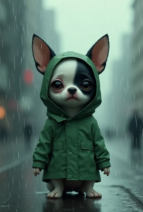 In the city on a rainy day、Draw a scene of a long-coated Chihuahua standing quietly in a green raincoat.。The fur is white and black、Her big eyes look sadly out into the rain.。There are raindrops on the raincoat、Cat ears peeking out from the hood。A hazy urb...