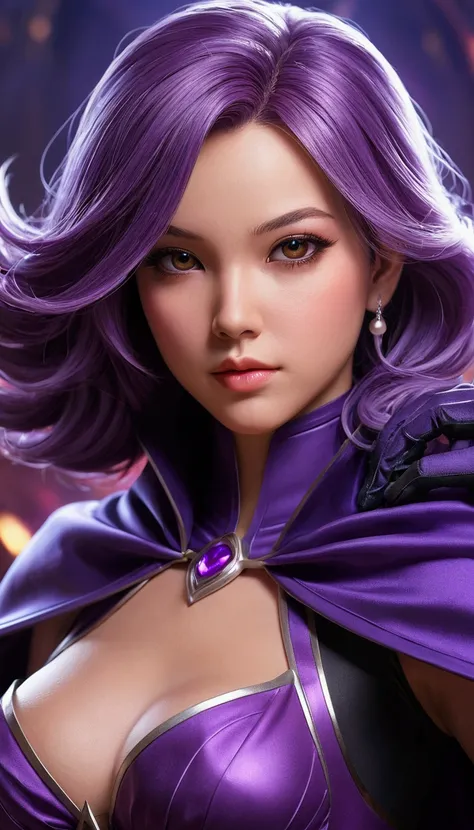 a woman in a purple outfit with a purple cape and black gloves, extremely detailed artgerm, artgerm detailed, ig model | artgerm, style artgerm, as seen on artgerm, artgerm style, artgerm lau, ! dream artgerm, trending artgerm, from league of legends, artg...