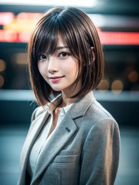 Tabletop, Highest quality, Realistic, Very detailed, finely, High resolution, 8k wallpaper, Cinema Lighting、1 person、Beautiful Japanese Woman、30 years old、light brown straight bob hair, Wear a business suit, (Blurred Background、Station platform、noon、Light ...