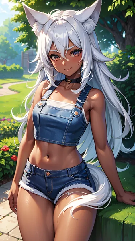 （dark skin,Silver Hair,Fox Girl）,(Perfectly detailed face),(Young) ,denim shorts, white crop top,,garden,noon,sweaty,Smirk,High resolution, masterpiece, Highest quality, High resolution