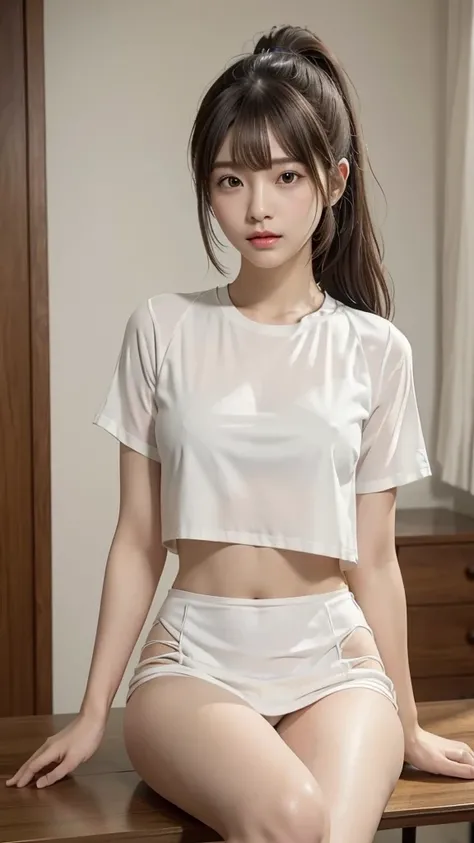 Japanese  girl、Wearing only a white shirt、Sitting in a room、Clothes are see-through、ponytail、High resolution, masterpiece, Accurate, Anatomically correct, number々Awards for, 最高quality, Attention to detail, High resolutionモデル, 高quality, quality, Very detail...