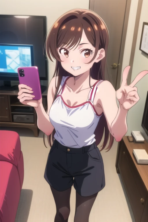 (1 girl), (brown eyes), (Intricate iris detailing), (front),  standing:1.5, short pants, black pantyhose, white tank, selfie in mirror:1.5, , grin smile, (Lower your eyes), (Chizuru Mizuhara), (living room background)