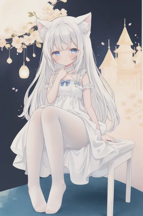 white pantyhose, no shoes, Cat ears, 
watercolor, masterpiece, best quality, extremely detailed, 1girl, full body, beautiful detailed eyes, cute anime face, full body, beautiful detailed face, white hair, white dress, masterpiece, best quality, highly deta...