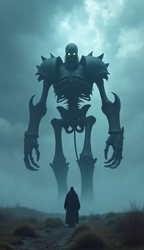 Gigantic skeleton knight walking across a plain in the distance amid fog, blue  haze, dark clouds, grimdark ,supense, unearthly, octan render, unreal engine , photorrealistic, hyper realism, highy detailed, high qualiy, intrincately detailed,Volumetric lig...