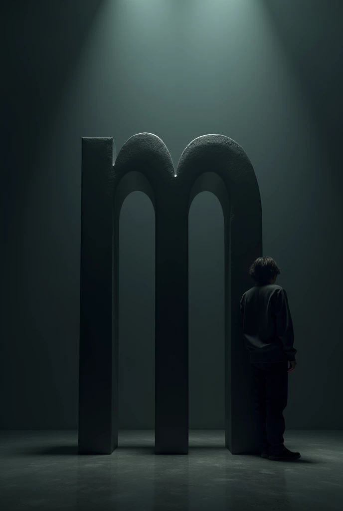 A person leaning on a large letter ‘M’ in a dark room, wearing black clothing, with moody lighting and soft shadows.”