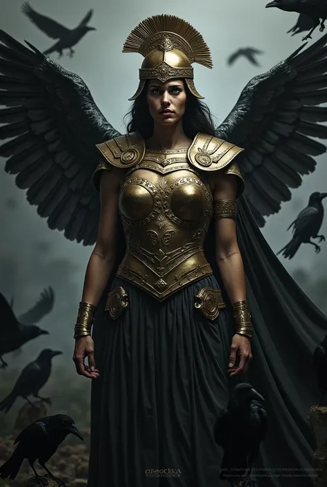 Athena looking serious and ominous with helmet on surrounded by crows