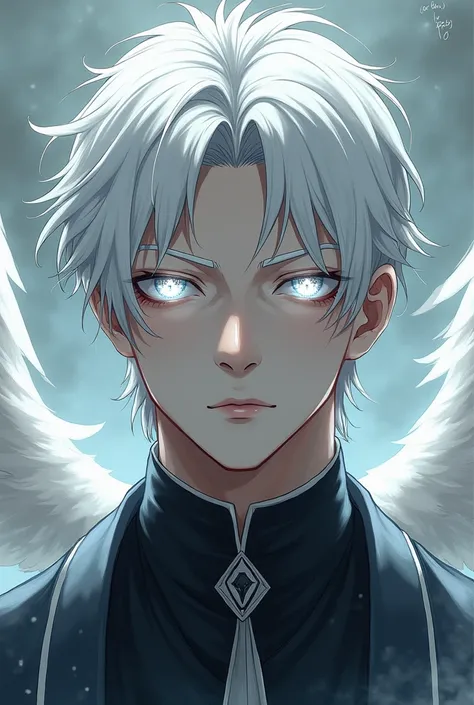 white hair white eye brow white eye with 4 wings star in there and exclusive eye brow anime
handsome man