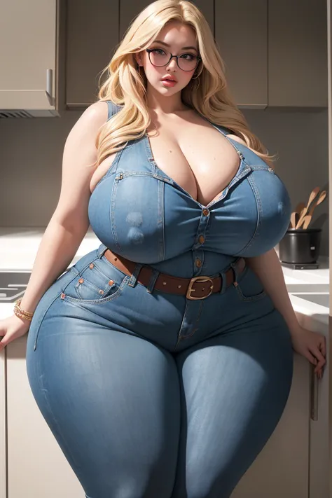 1 girl, long blonde hair, glasses, painted lips, thick lips, wide hips, thick thighs, huge ass, bimbo face , enormous huge natural breasts, cleavage,jeans, belt, hanging breasts, ahegao face, hot, sweating, Milf, (puffy lips:1.3), (huge thighs:1.4), bbw, c...