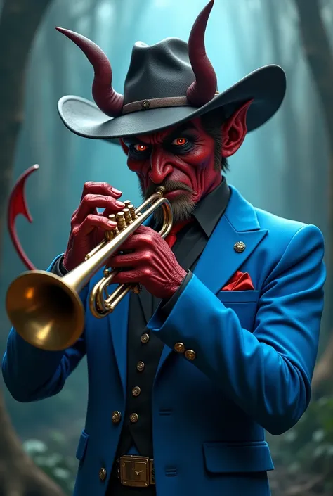 Devil with lead sheriff hat and blue suit playing trumpet 