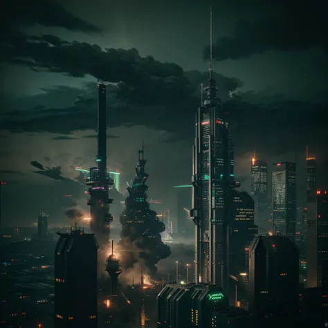  a city sector 7 from final fantasy 7 game with so many engine and one iron tower that was a core of city at night. cyberpunk, dark tone, dark green neon, smoke, 35mm f/2.8. in the style of pixle art