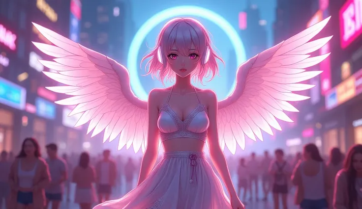 Create an image of an anime-style female angel character with an EDM theme. The angel should have elegant, ethereal wings and a celestial aura, but with a modern, vibrant twist that reflects the EDM scene. Dress her in a stylish outfit that blends traditio...