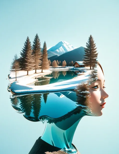 Minimalist composition，winter pond  ，Mirror reflection of trees and water，Surrealism，clean background，Cinema4D Rendering Style，Minimalist composition，azure pond  ，Mountains,Mirror reflection of trees and water，winter, Surrealism，clean background，Cinema4D R...