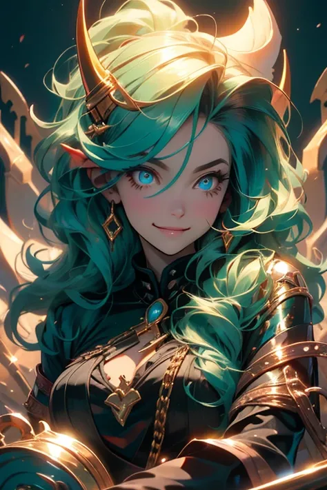 Perfect face. Perfect hands. A teal haired woman with golden eyes and an hourglass figure with golden horns in a golden gown is smiling while laying down in a landscape of brimstone