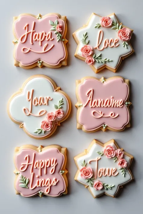 Icing Cookies、pastel、Botanical、Artistic, Very detailed, 8 pieces、From above、pink、masterpiece, calligraphy、letter