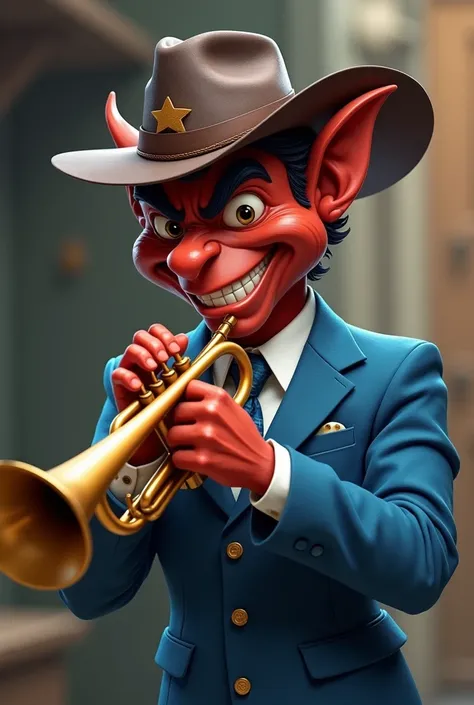 Crafty devil with lead sheriff hat and blue suit white shirt playing trumpet 