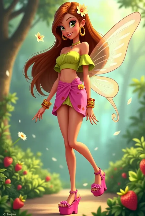 Floras from winx club,beautiful with brown hair and a flower in her hair,magical fairy of nature, civilian outfit is a bright yellowish-green off-the-shoulder smock top with puffy short sleeves that bares her midriff and belly, a pink wrap miniskirt with l...