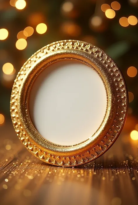 round gold photo frame with sparkles around it 