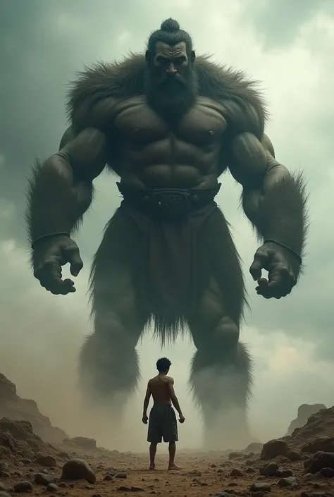 A scrawny young man fiercely and courageously confronting a giant , david and goliath 