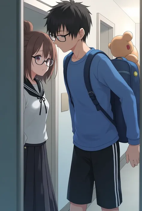 A woman wearing a school skirt, a school shirt with a waistband, a ponytail, and glasses, peeking at a man wearing black and white striped gym pants, a blue shirt, a blue backpack, and a chimmy doll hanging.