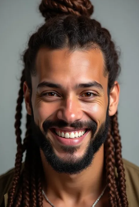 Man with patchy beard, Grinning, brown eyes and hair, braids in the hair and with the 7UNO2 logo