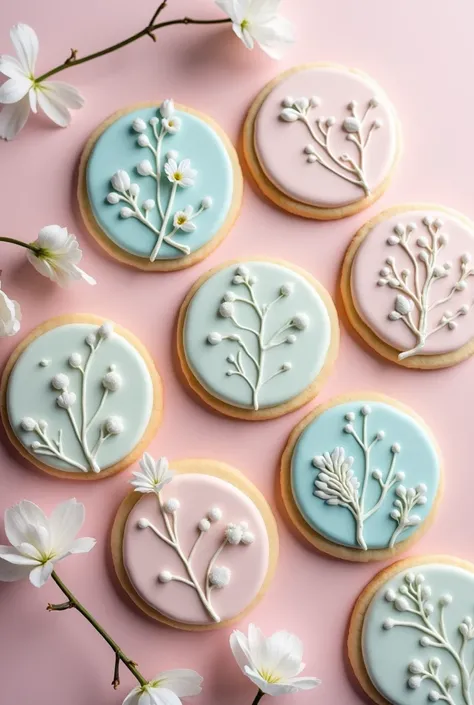 Icing Cookies、pastel、Botanical、Artistic, Very detailed, 8 pieces、From above、pink、masterpiece, calligraphy、Round