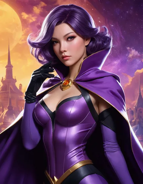 a woman in a purple outfit with a purple cape and black gloves, extremely detailed artgerm, artgerm detailed, ig model | artgerm, style artgerm, as seen on artgerm, artgerm style, artgerm lau, ! dream artgerm, trending artgerm, from league of legends, artg...