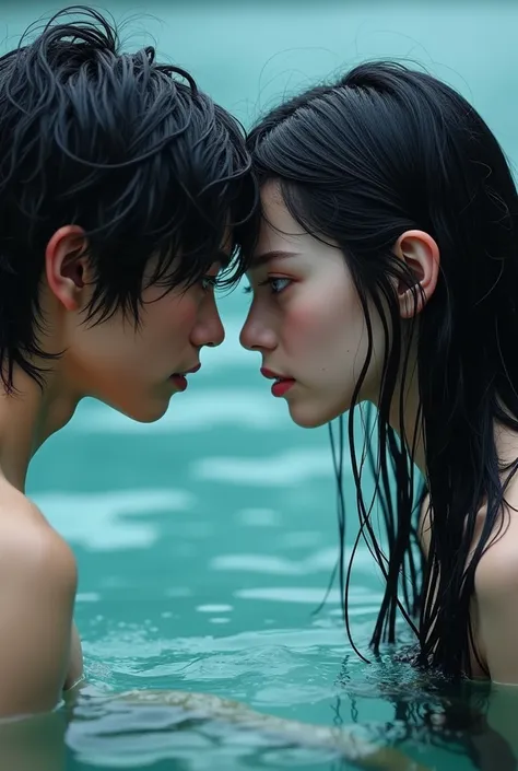 A lake with crystal-clear waters from its depths emerges a white-skinned boy, DARK hair, Grey eyes and a deep and enigmatic look. His facial features are defined, with a defined jaw and high cheekbones, Drops of water slide from her hair and she has a misc...