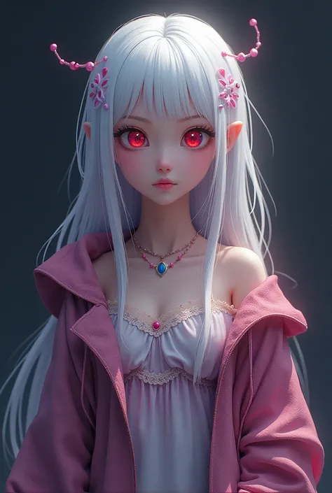 A lovely and charming girl with white hair and red eyes，Wearing a vibrant、gorgeous、A textured jacket and a whimsical、Pastel colored tops，Exudes a kind of magic，With high resolution、Surreal scene of darkness、Minimalist background。