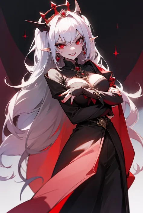 High Resolution, Breasts, Long Hair, Simple background, Red Eyes, Pointy Ears, Fangs,Best Quality, Masterpiece, Anatomically Correct, Super Detailed, Earrings, Red Eyes, Jewelry, Hair Ornament, Crown, Tiara, Illustration, Anime, Anime Style, Vampire, Elega...